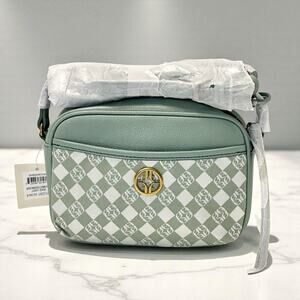 Fossil Brennon Camera Bag Crossbody Light Sage Green & Silver Monogram NWT $180